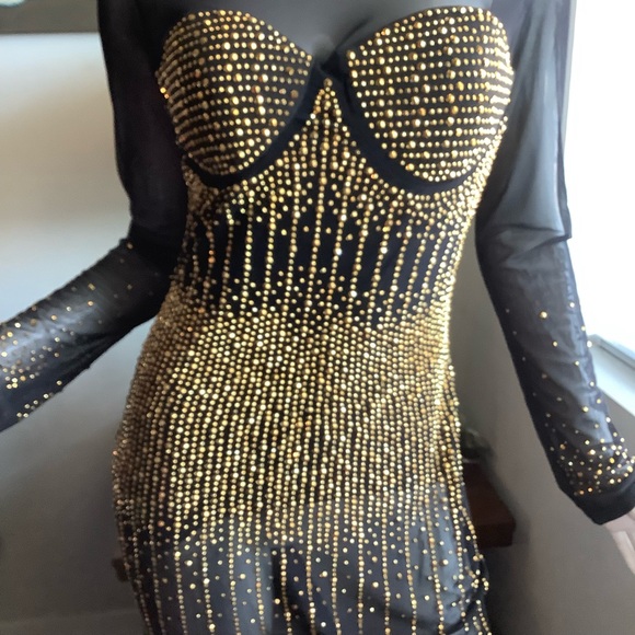 Sheer Gold-Beaded Long-Sleeve Midi Dress - Picture 5 of 10